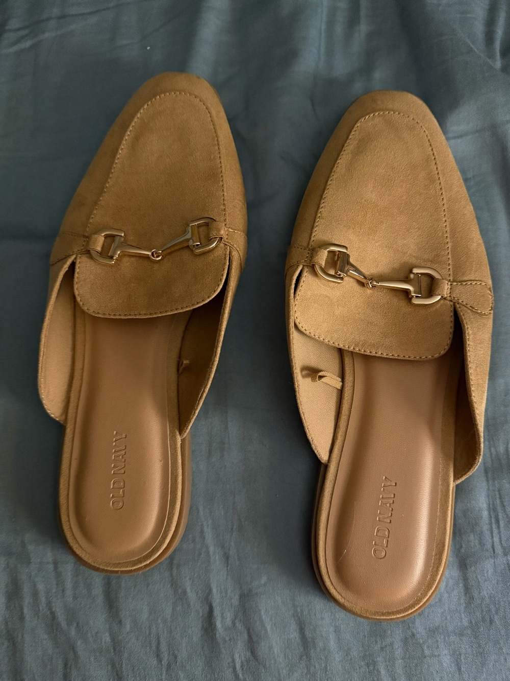 Old Navy Tan Suede Mule Loafers with Gold Bit